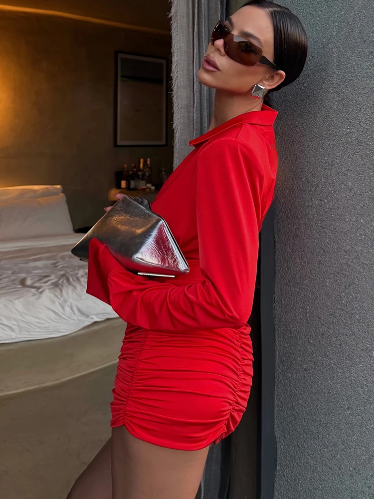 Weird Puss Sexy Minikleid mit tiefem V-Ausschnitt für Damen, Herbsttrend, lange Ärmel, tailliert, figurbetont, Pfirsichfarben, High Street Fashion, Bodycon – Detail 17