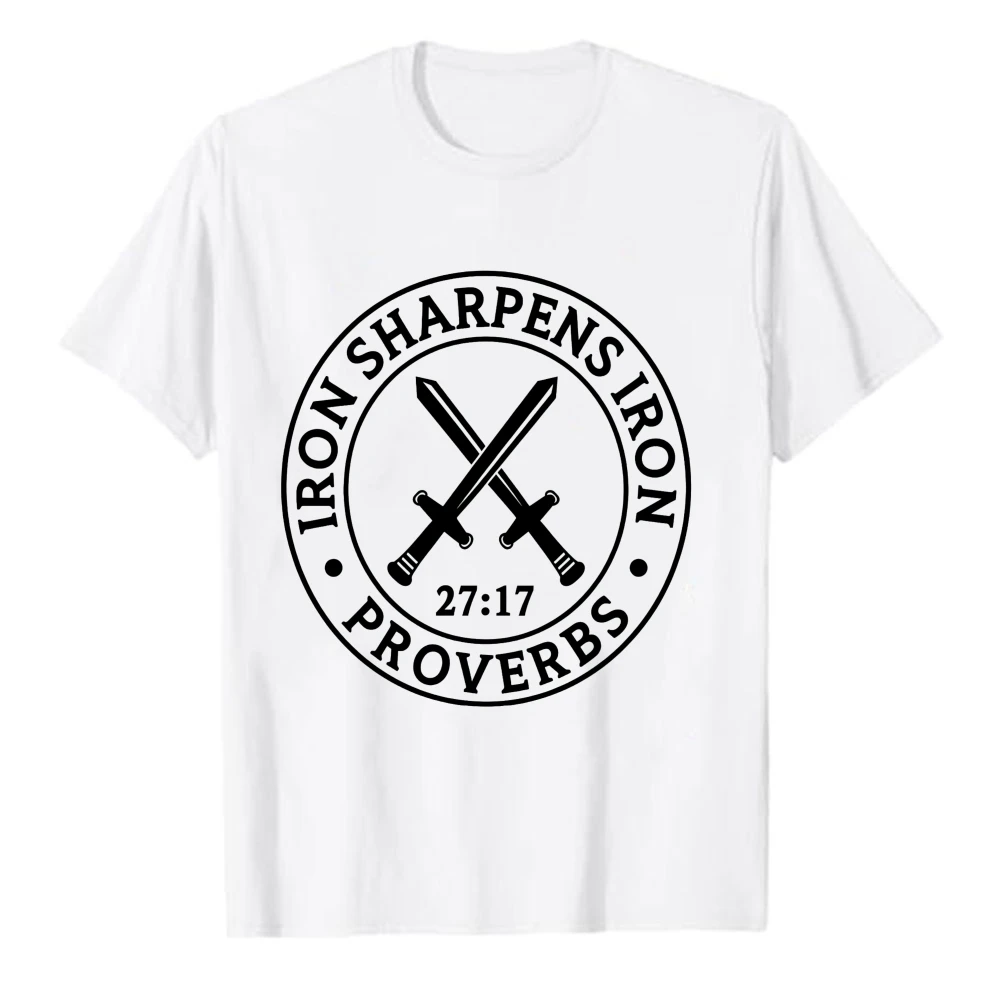 Iron Sharpens Iron Proverbs 27:17 Crossed Swords Circular Badge Graphic Men's T-Shirt Masculine Christian Faith Religious Tee