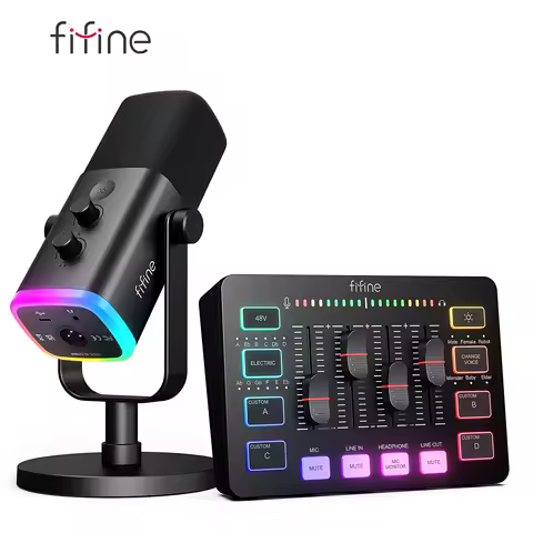 FIFINE RGB 오디오 믹서 포함 올인원 팟캐스트 키트, PC 게임 녹화용 다이나믹 마이크 포함 스트리밍 스튜디오 세트-Ampligame KS5