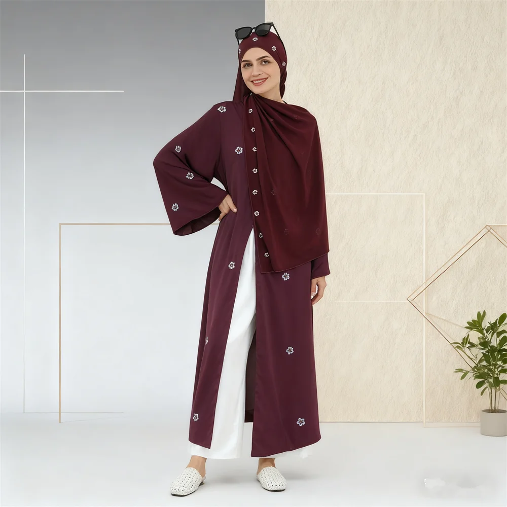 

Dubai Open Abaya Muslim Hijab Dress Set Women Embroidery Kimono Jalabiya Arabic Robe Long Cardigan Turkey Kaftan Islam Clothing