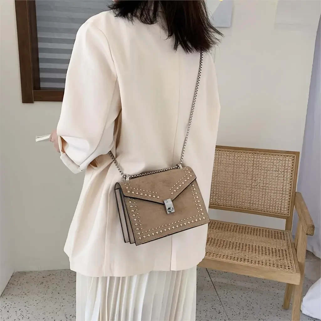 Scrub Leather Brand Designer Shoulder Simple Bags For Women  Chain Rivet Luxury Crossbody Bag Female Fashion Small Handbags