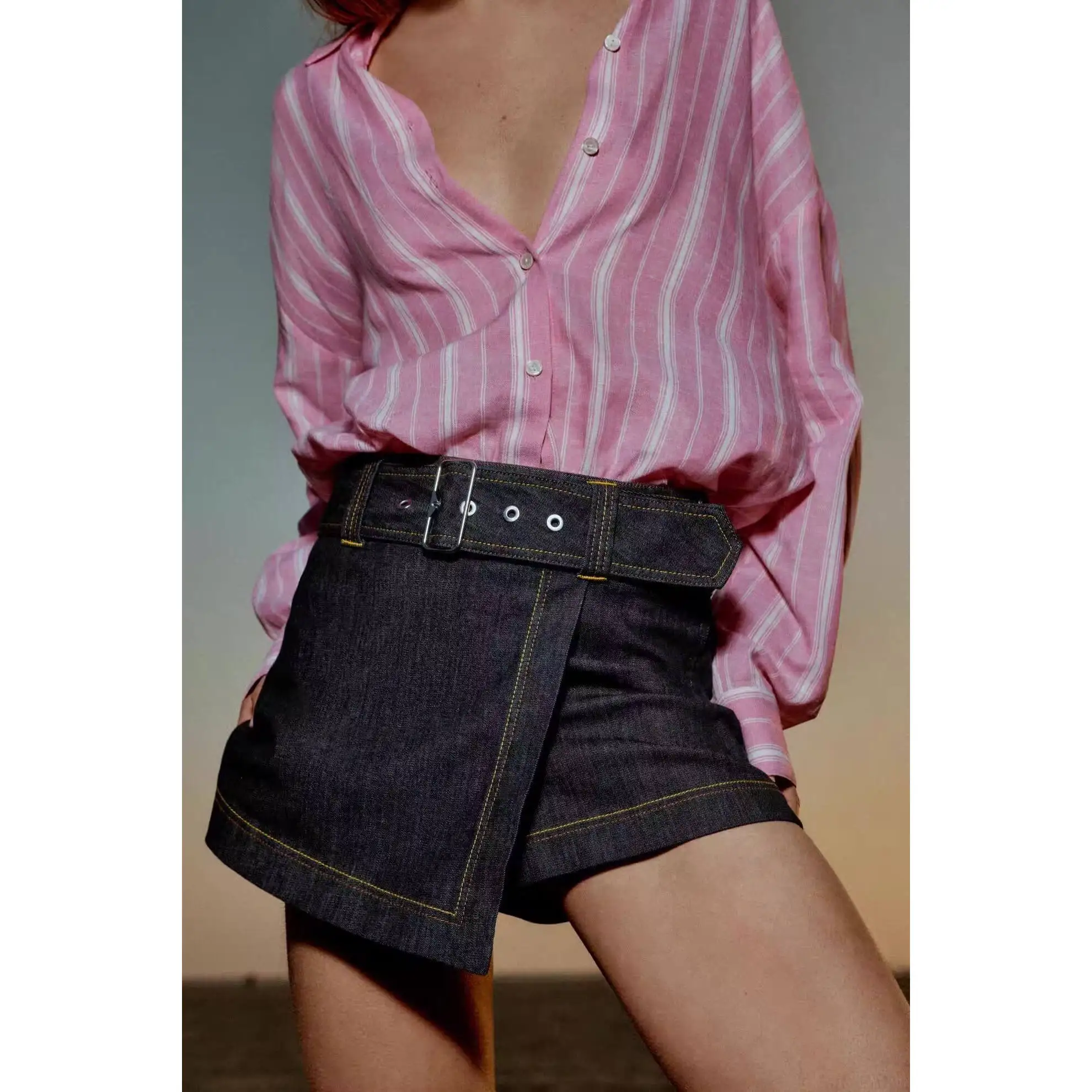 Early Autumn New Women's Low Waist Belted Double Breasted Simple Fashionable A-Line Skirt Pants Polyester Fiber Standard Fit