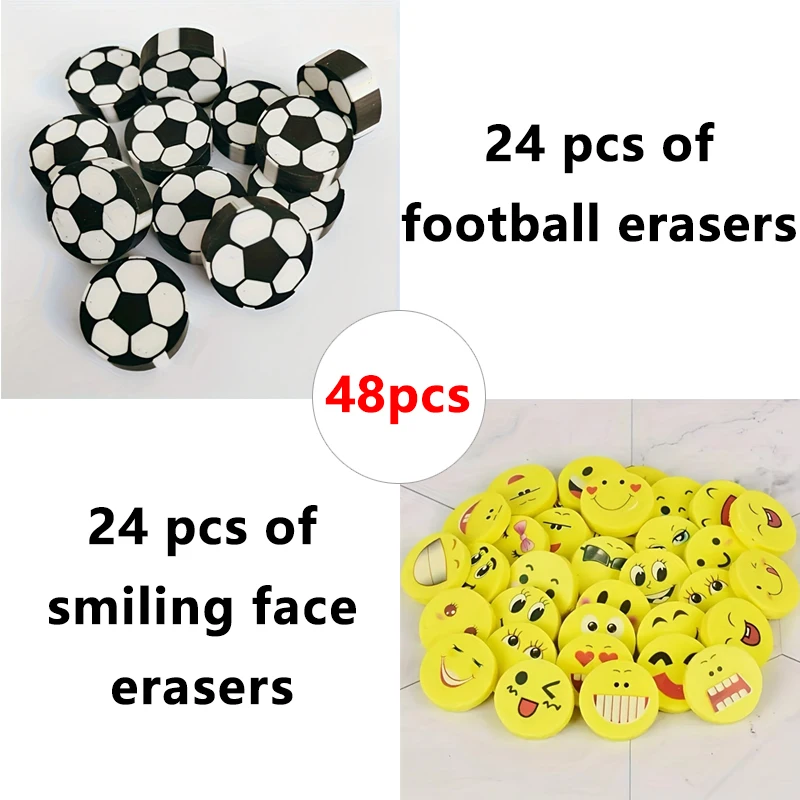 24/48 piezas de borradores de fútbol y borradores con caras sonrientes, adecuados para que los estudiantes los usen para escribir, dibujar y borrar.