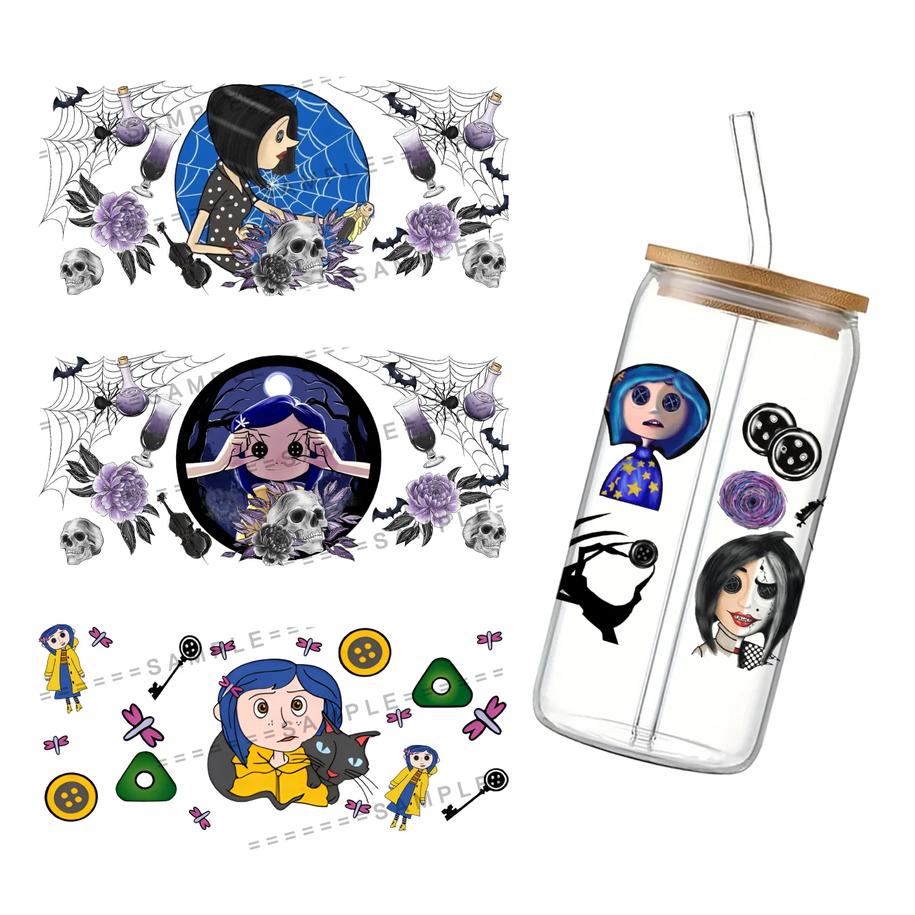 Disney Coraline & the Secret Door For Libbey 16oz Can Glass 3D Waterproof UV DTF Coffee Can Wrap Libbey Glass Wrap