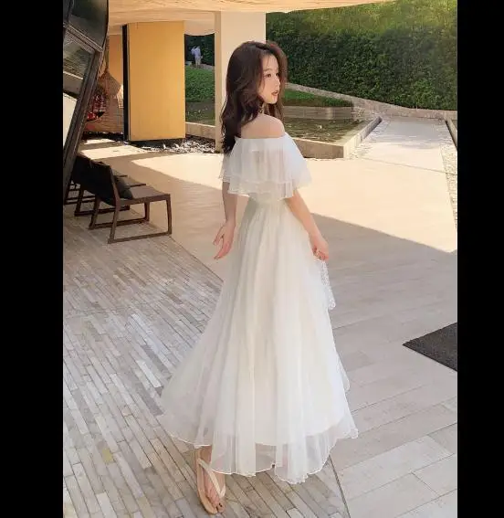 Two-Layer Chiffon Long Dress Women's Four Ways to Wear One-Shoulder Waist-Cinching Slimming Beach Dress Summer Korean Style C...