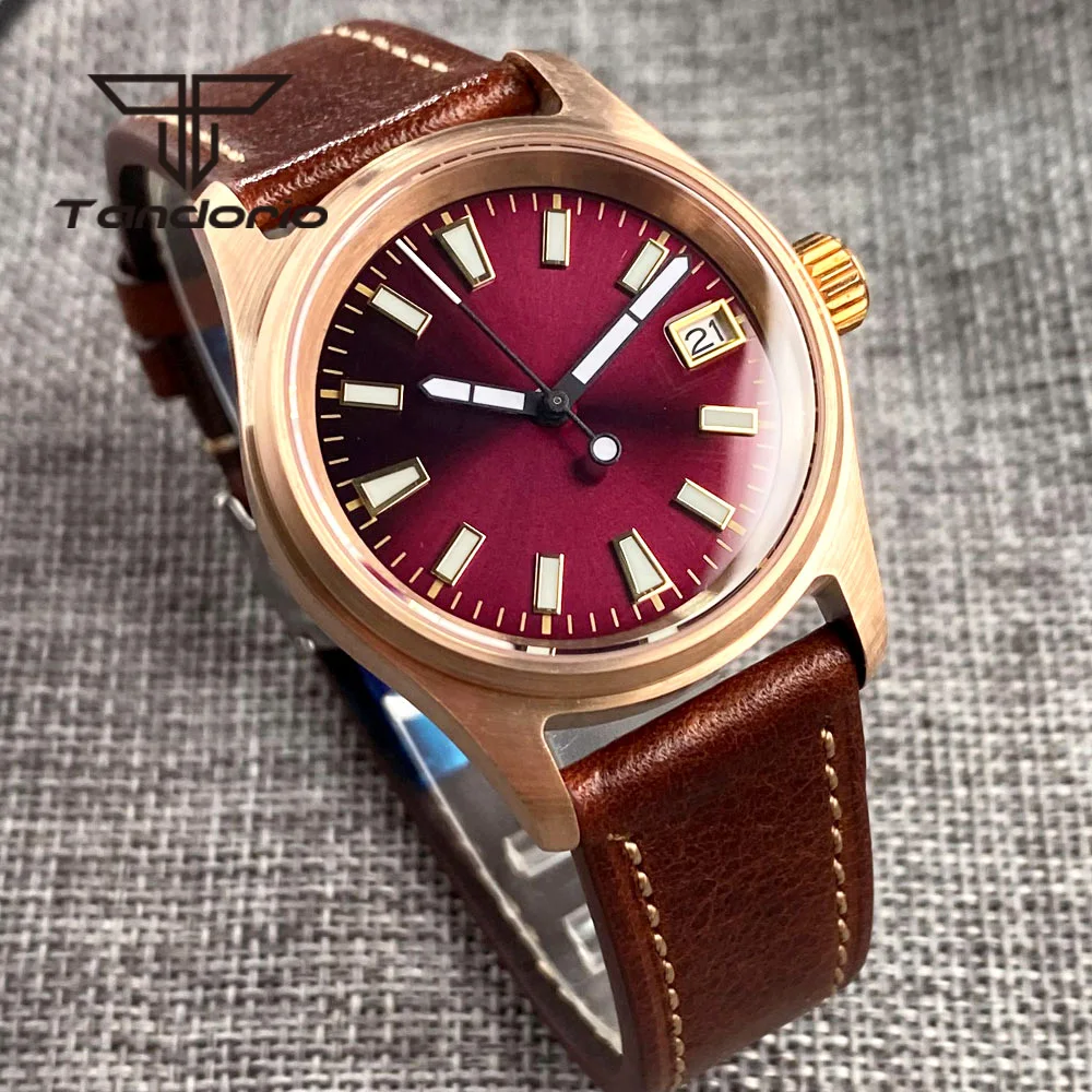 Tandorio NH35A Cusn8 Bronze 200M 36mm Lady Men\'s Pilot Automatic Watch Luminous Purple Sunburst Dial Sapphire Glass Date Leather