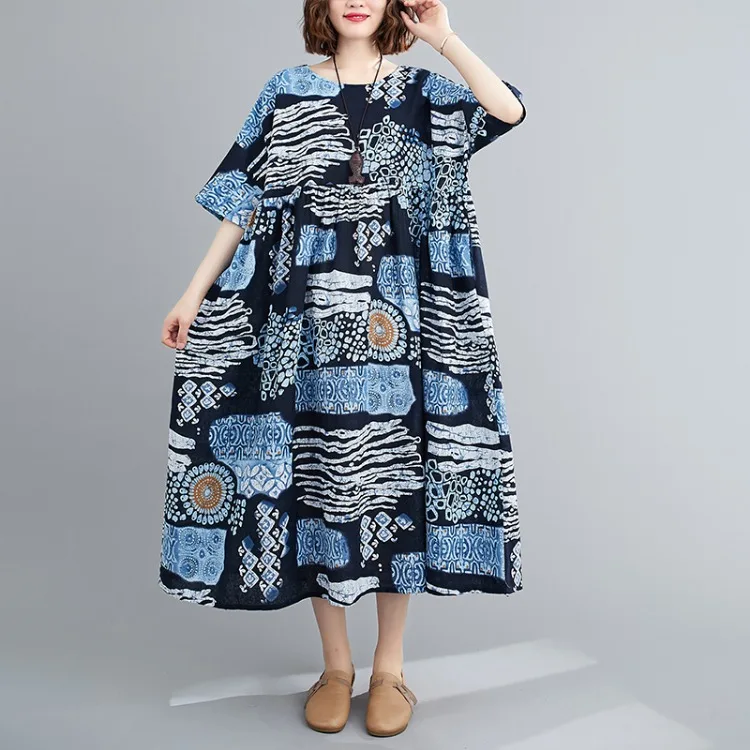 Plus Size Bohemian Print Maxi Long Dress for Women Floral Casual Cotton Linen Loose Vintage Vestidos Para Mujer Robe Dresses
