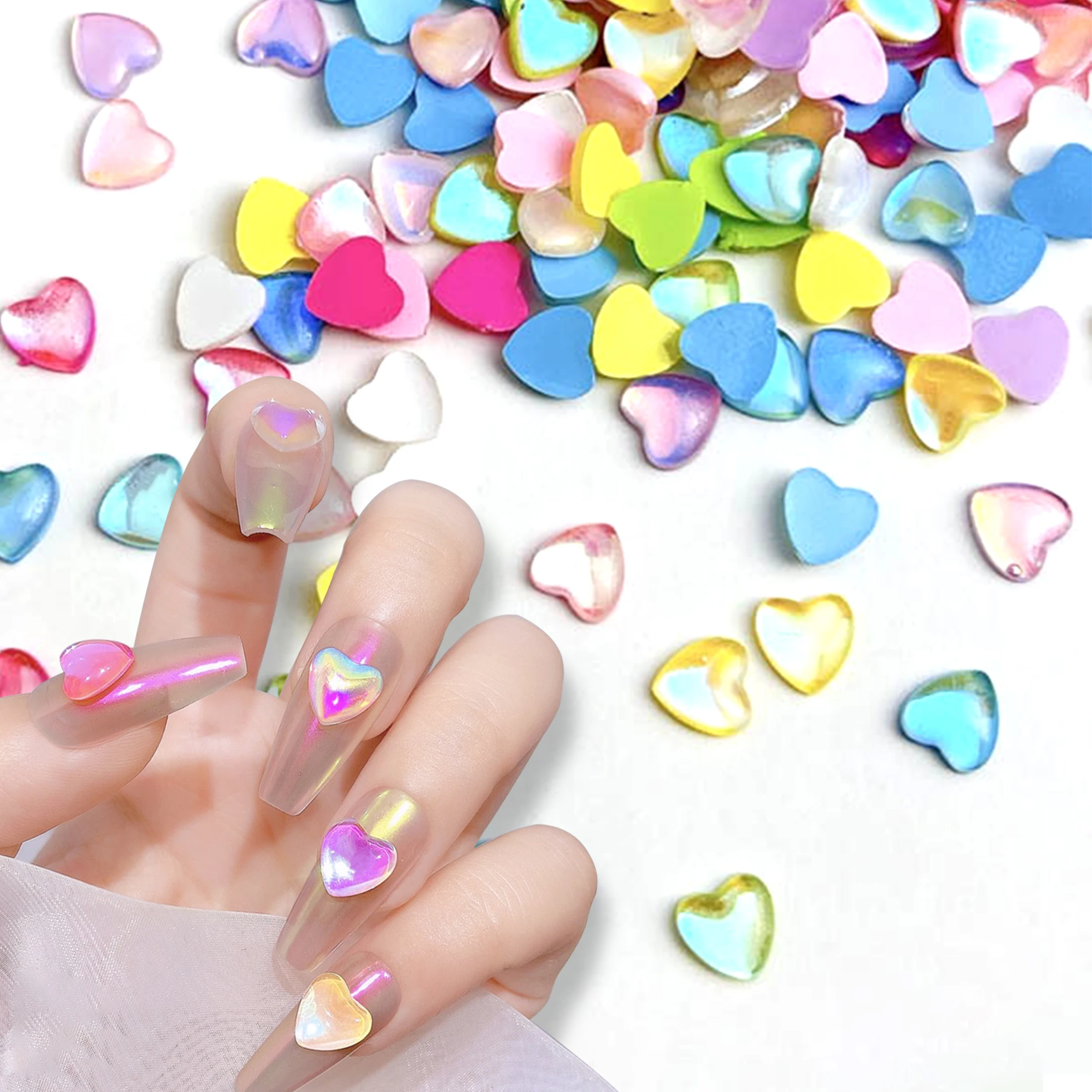 100pcs  Decoracion Kawaii Accessories Nail Parts Heart Mocha Fluorescent Resin Charms Rhinestones Glitter Art Accessories