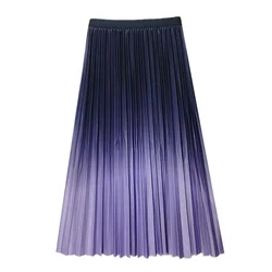 Gradient Pleated Skirt Women Korean Fashion Ladies Elastic High Waist A-Line Evening Party Long Skirt Spring Summer Autumn