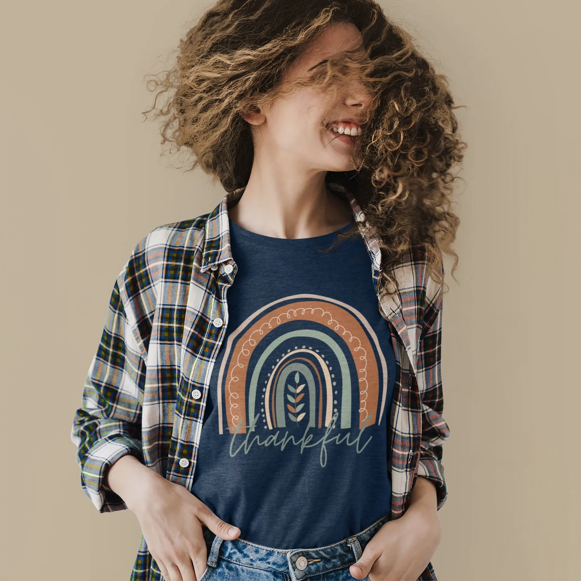 THANKFUL Boho Fall T Shirt Thanksgiving Rainbow Women's Jersey