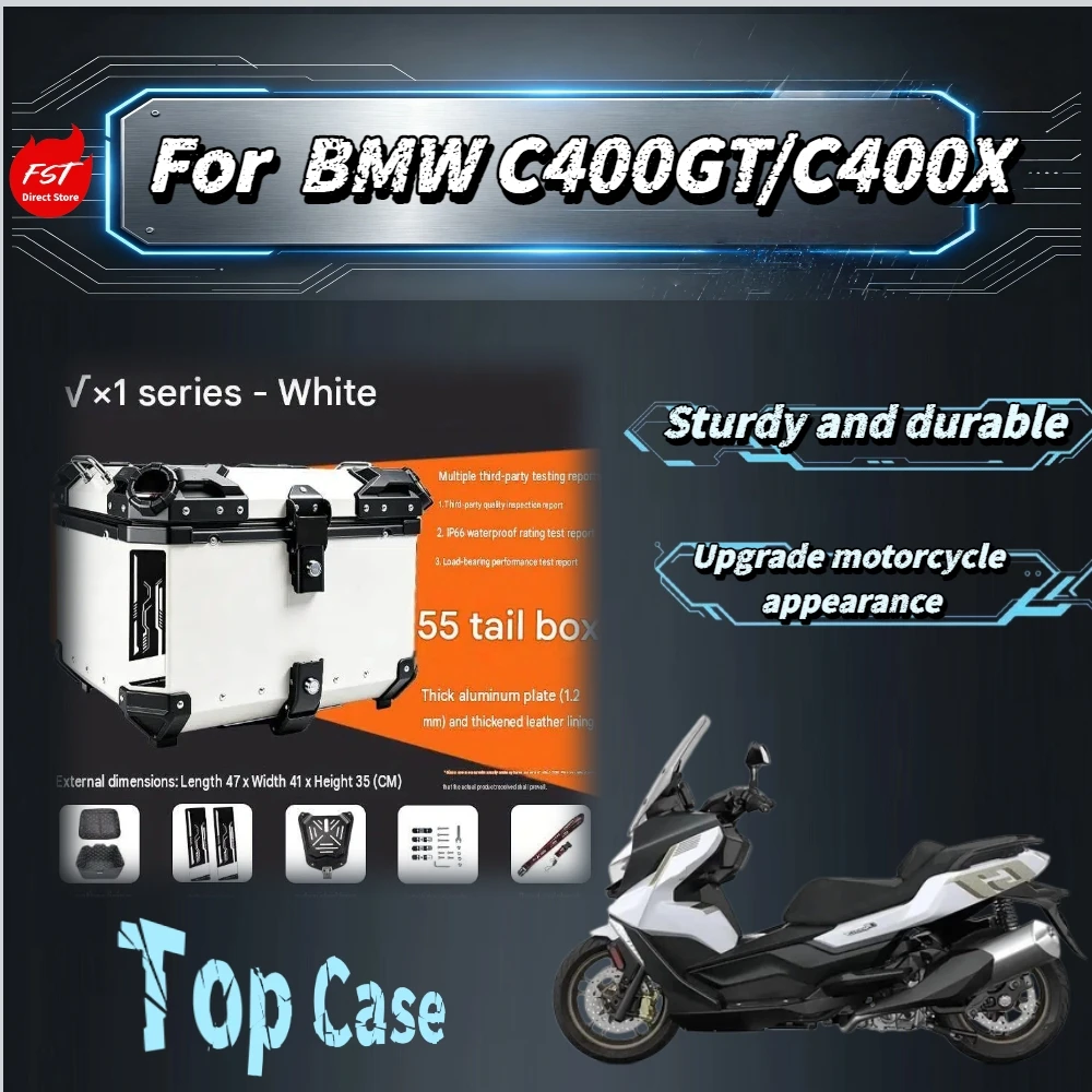 For BMW C400GT C400X 45L/55L Flat‑Panel Aluminum Tail Box IP66 Waterproof With Carbon Steel Base Scooter Touring Mod Accessories