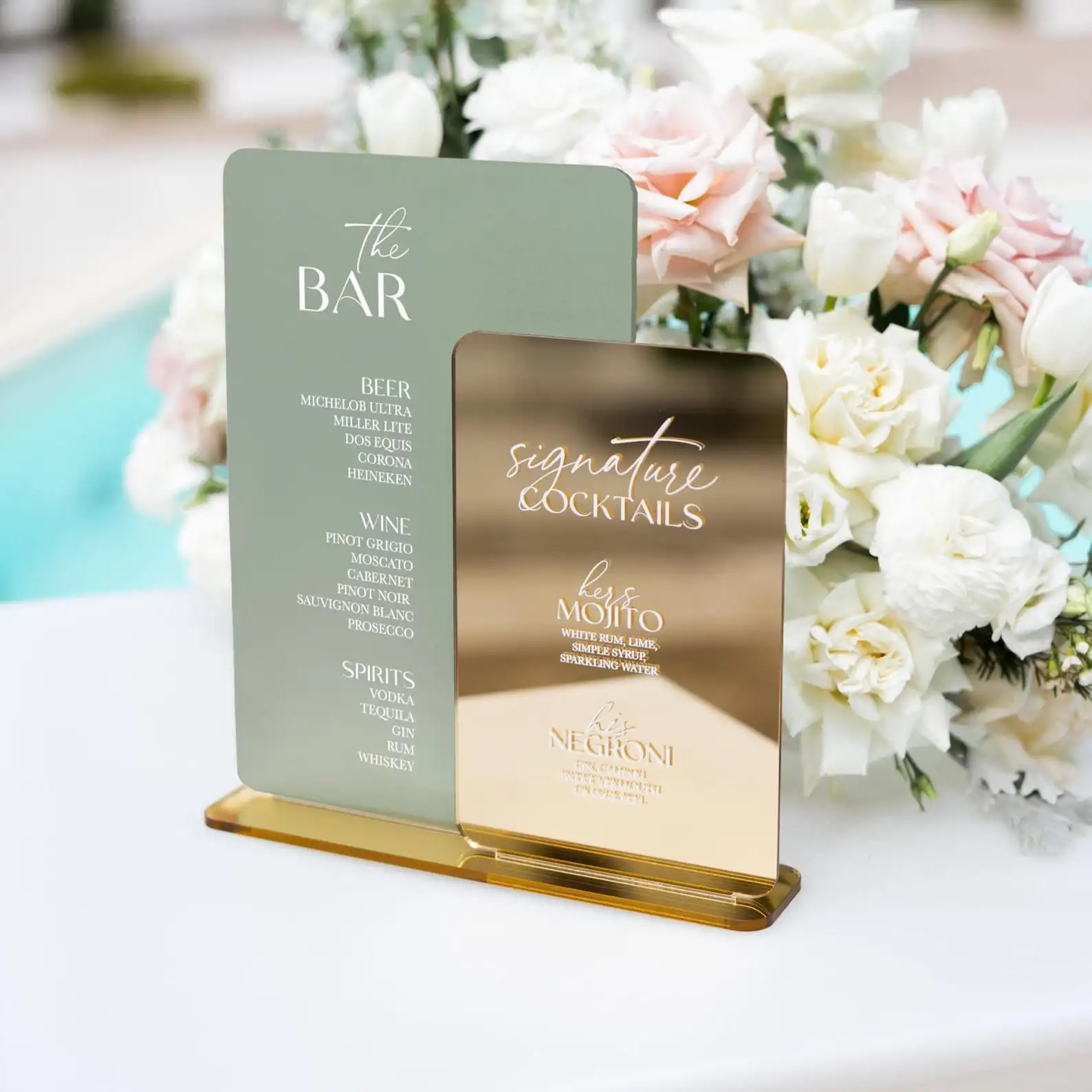 

Sage Green and Gold Mirror Bar Sign,Acrylic Wedding Bar Menu,Signature Cocktails Sign,Reception Drink Sign with Stand