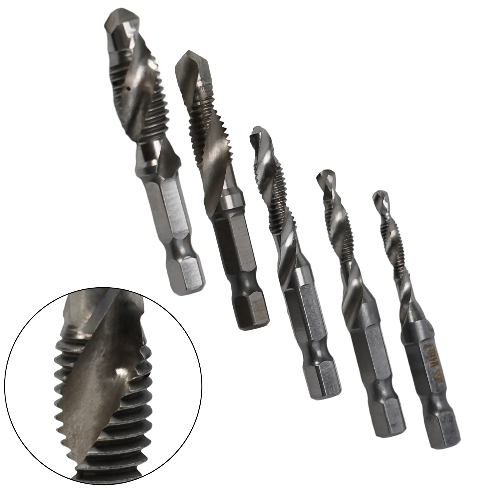 5pcs Set Tap Drill Bit Hex Shank HSS Threaded Bit Screw Machine Compound Metric Tap M5 M6 M8 M10 For Aluminum Wood Plastic