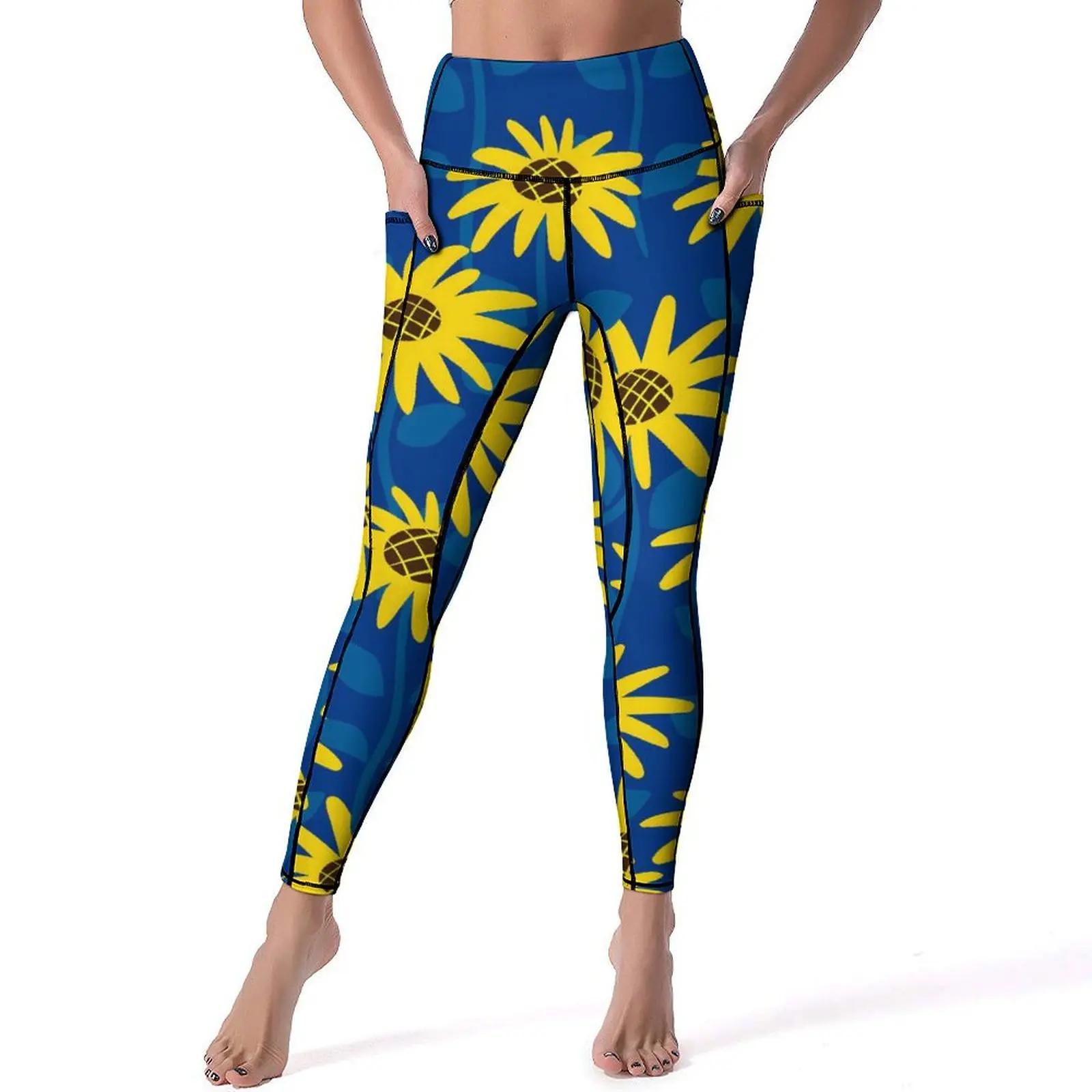 

Yellow Sunflower Yoga Pants Sexy Blue Leaves Print Leggings High Waist Workout Leggins Women Elegant Stretch Sports Tights