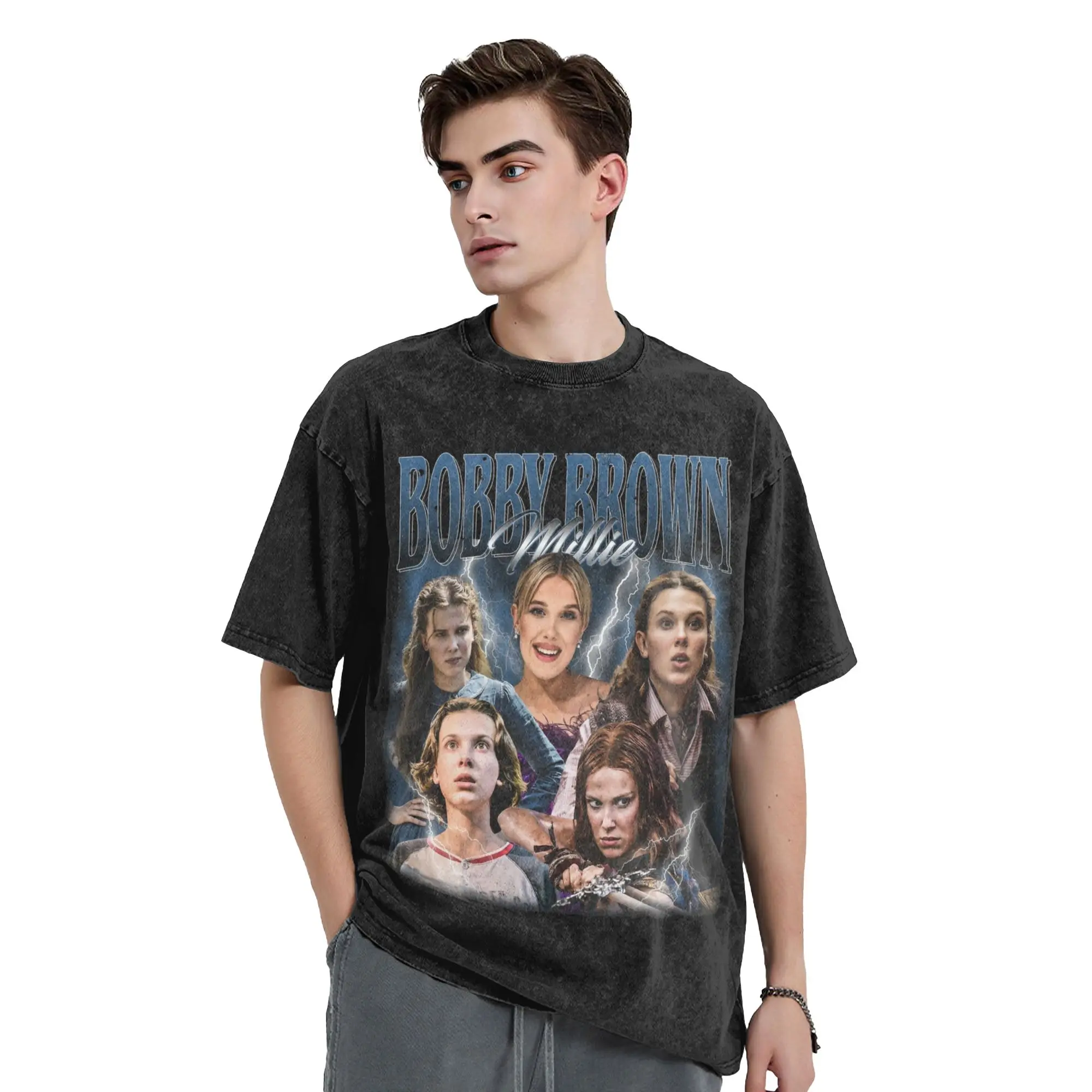Washed T Shirt Millie Bobby Brown Hip Hop Vintage T-Shirts Harajuku  Streetwear Printed Tops Tee Shirt for Men Women