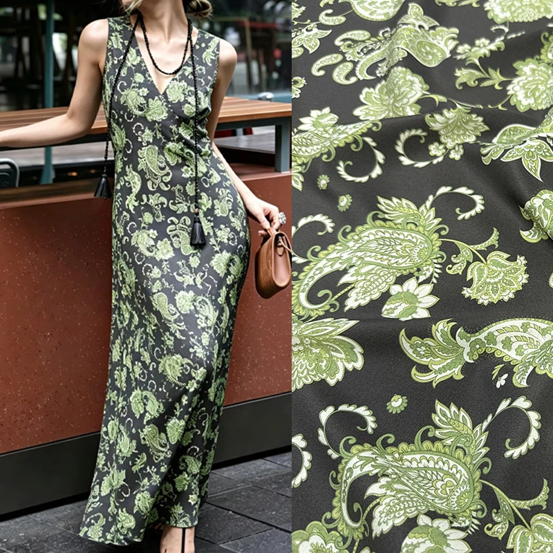 Green Printed Stretch Black Silk Crepe de Chine Fabric for DIY Sewing Summer Comfortable Black Dress Pajamas Silk Fabric FR7029