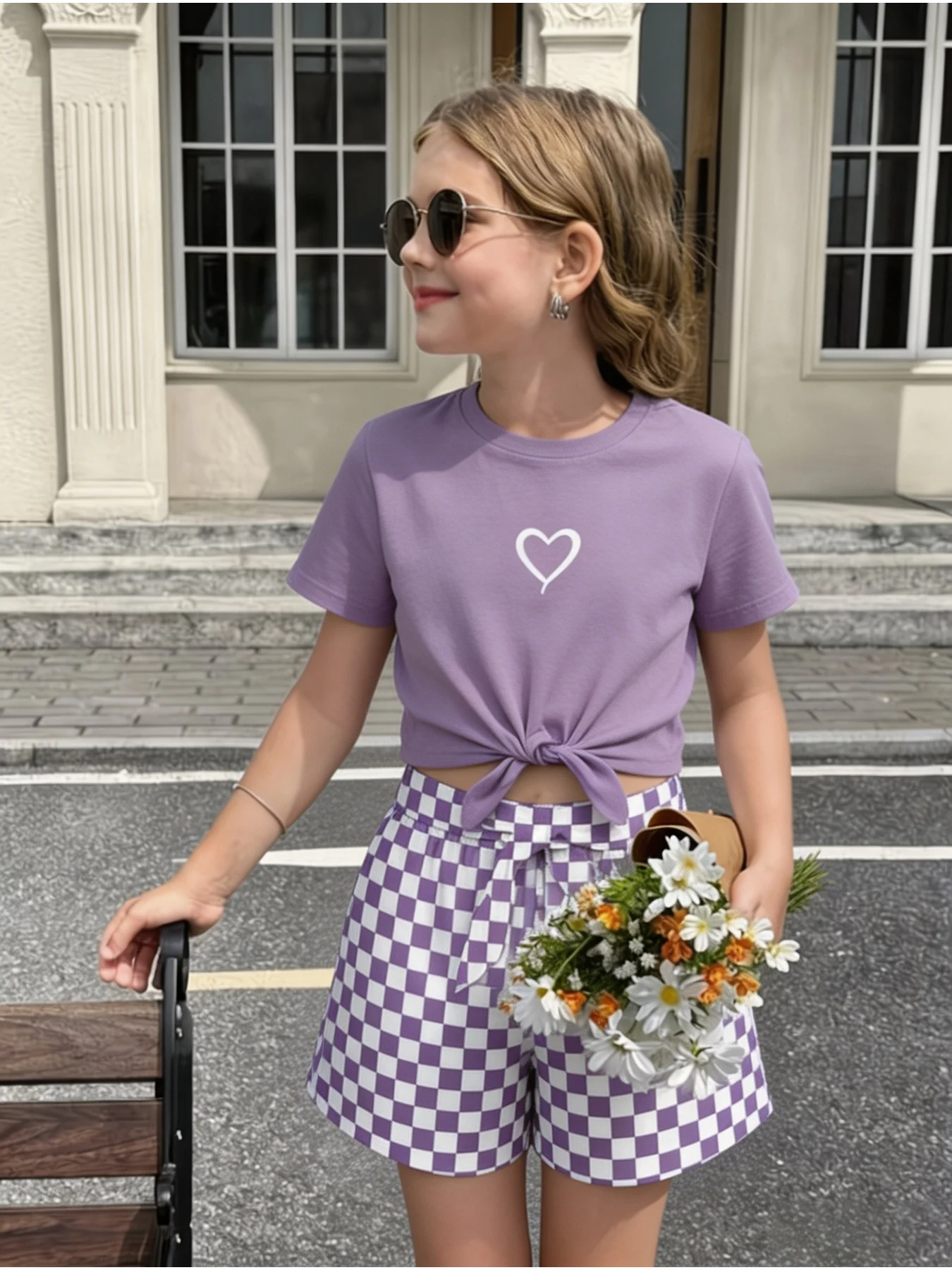 Kids Clothing Set round Neck Heart Printed Short Sleeve T-Shirt Elastic Waist Checkered Shorts Outfit for Children