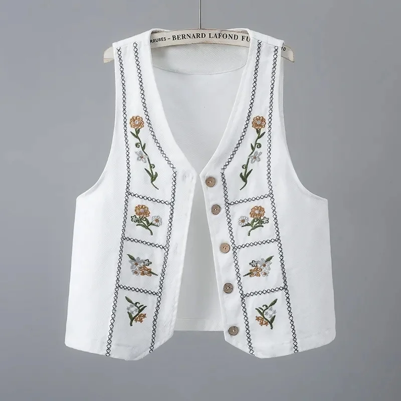 

White Cowboy Vest 2026 Spring Summer New Retro Embroidery Denim Vest Women's Sleeveless V-neck Versatile Slim Vest Jacket