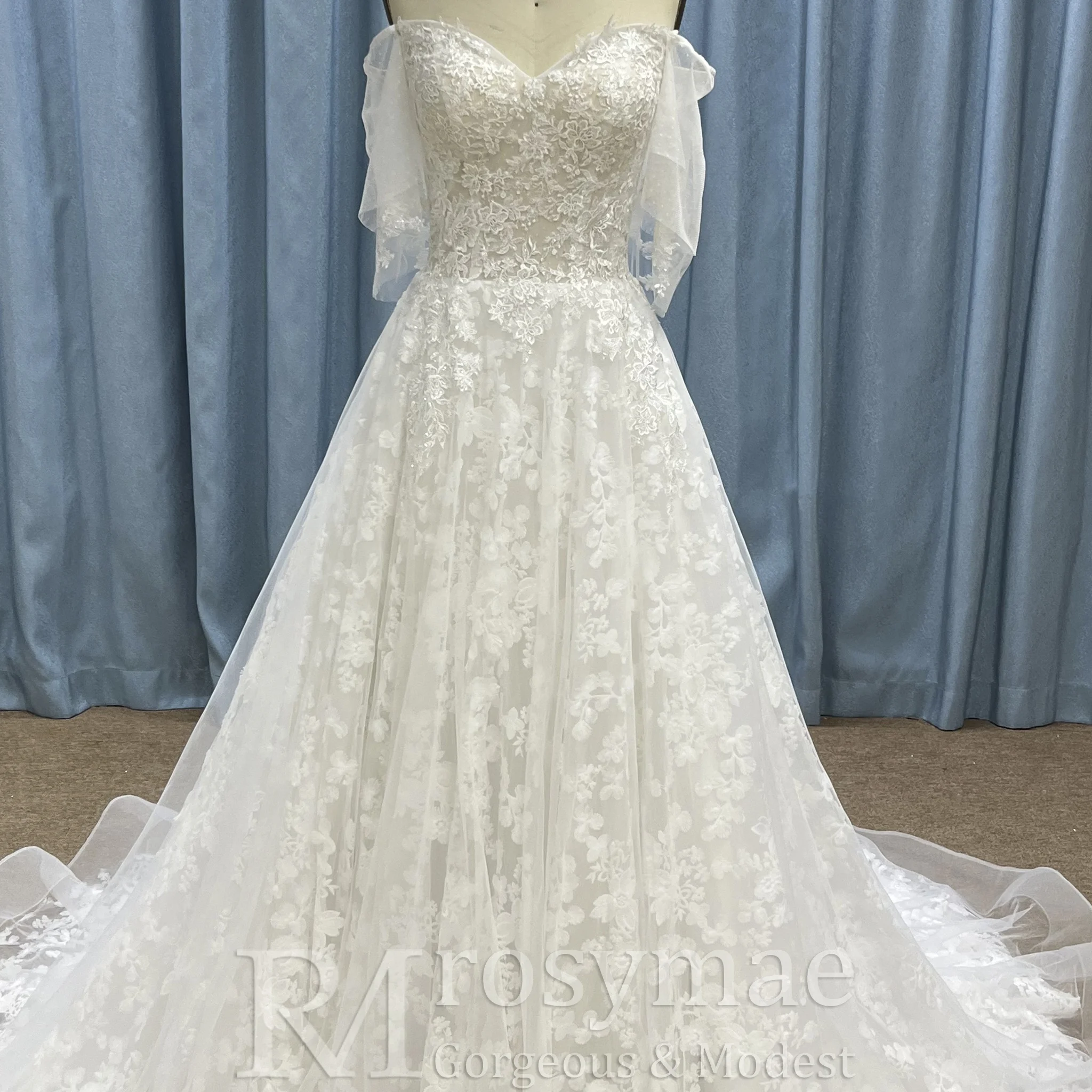 Rosymae خارج على الكتف الأزهار الدانتيل الكرة ثوب الزفاف فستان أنيق كم طويل فستان زفاف أبيض vestidos de boda para fiestas