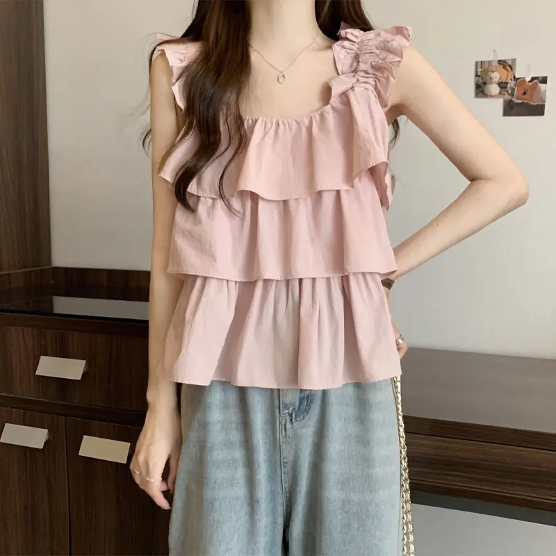 Casual Sweet Ruffles Patchwork Tanks Summer French Style Female Clothing Sleeveless Stylish Shirring Elegant Square Collar Camis