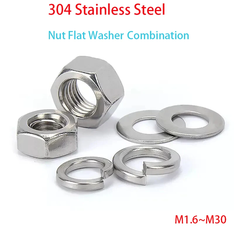 M1.6 M2 M2.5 M3 M4 M5 M6 M8~M30 304 Stainless Steel Hexagon Hex Nut Flat Washer Single Coil Spring Lock Washers Combination Suit