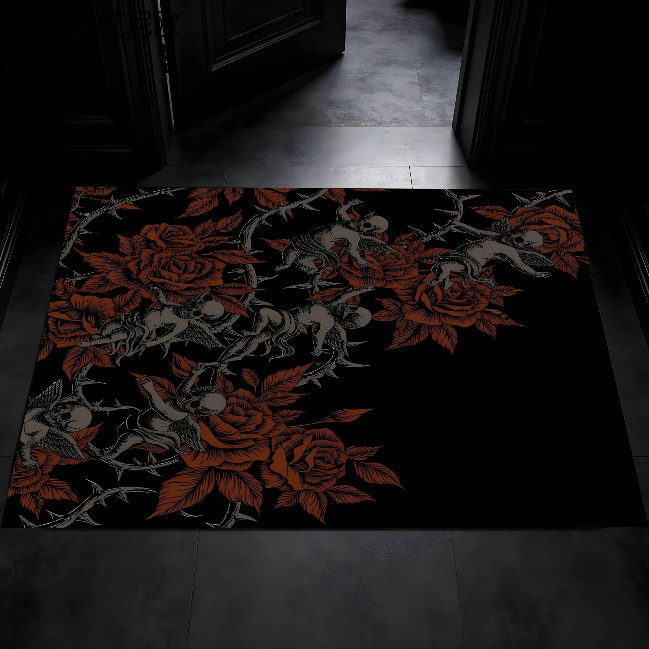 Red Rose Skull Angel Print Dark Gothic Halloween Velvet Rug for Gaming Room Bedroom Trendy Shop Cool Decor