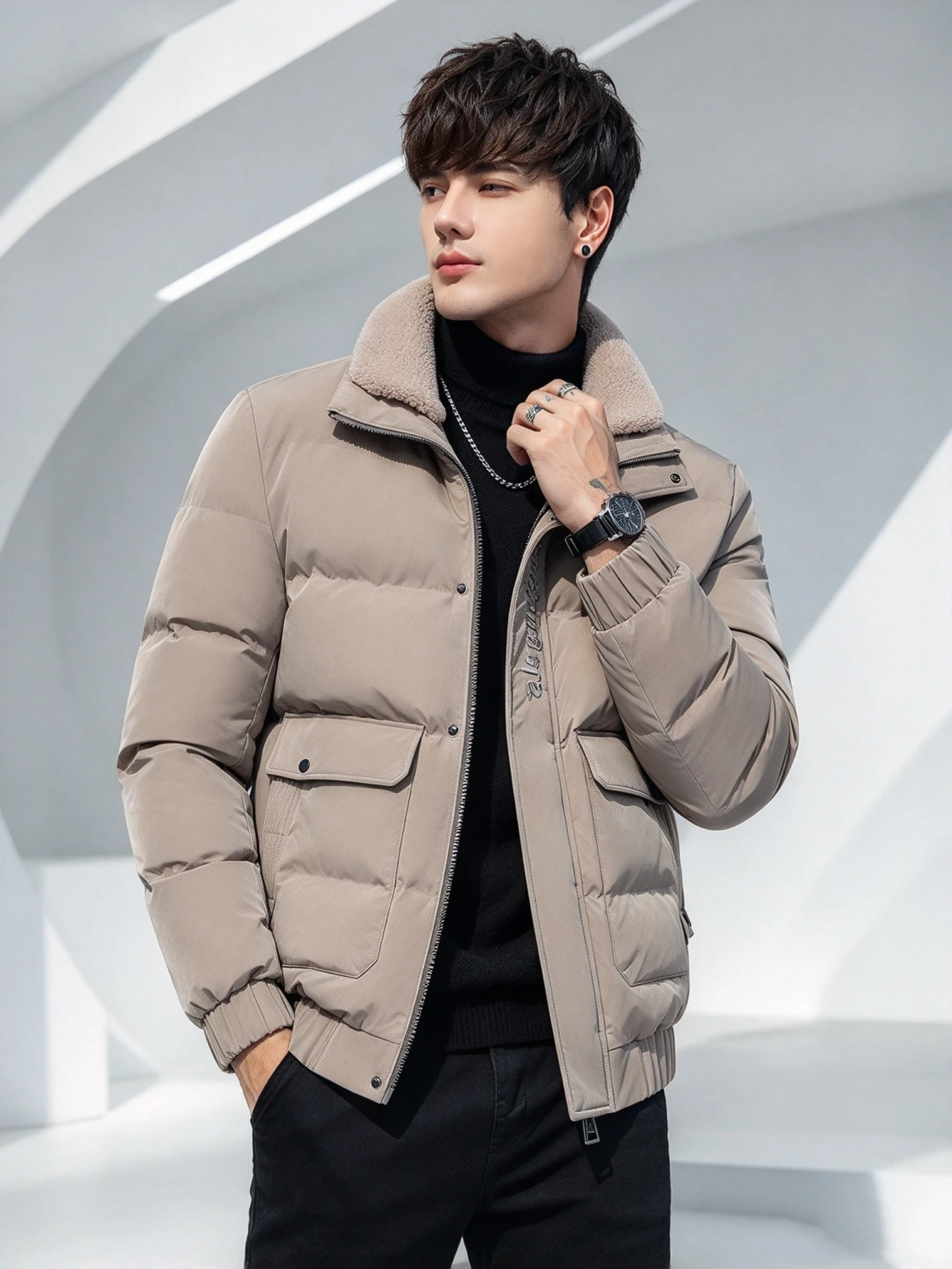 Fleece Lined Stand Collar Puffer Jacket Men Zip Up Warm Windproof Casual Short Winter Outerwear Coat