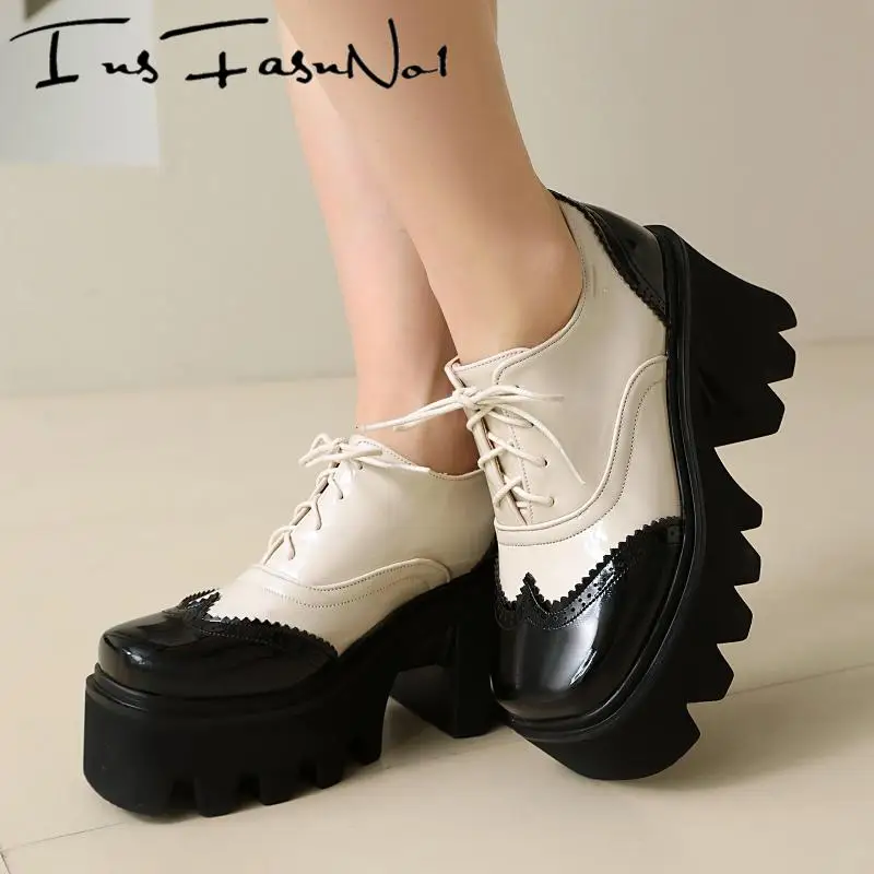 

Thick Bottom Platform Women Pumps Fashion Large Size Mixed Color All Match Casual Single Shoes Female Lace Up High Heel Sneakers