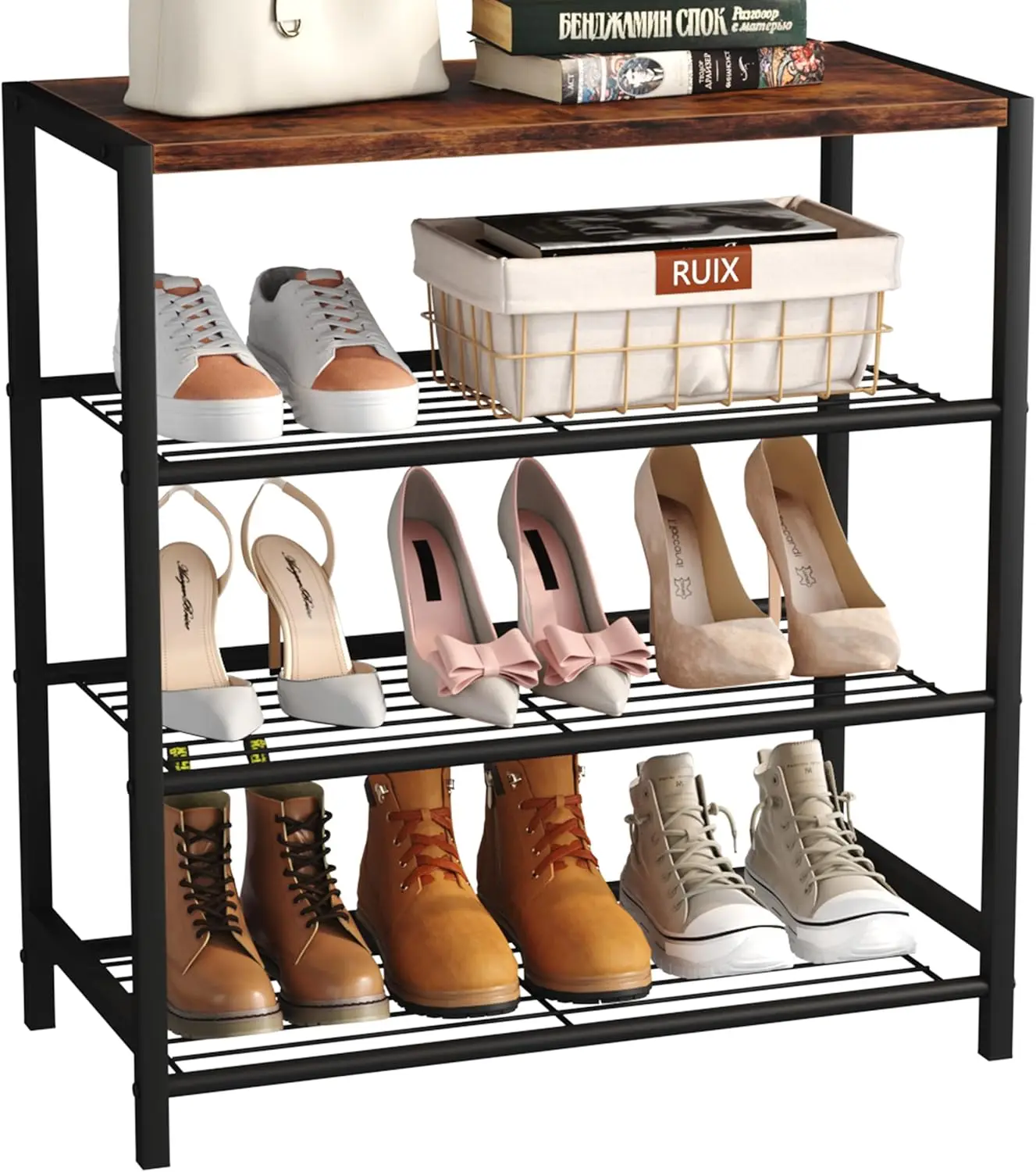 

4-Tier Metal Shoe Rack, Narrow Rustic Brown Storage Shelf for Closet Entryway