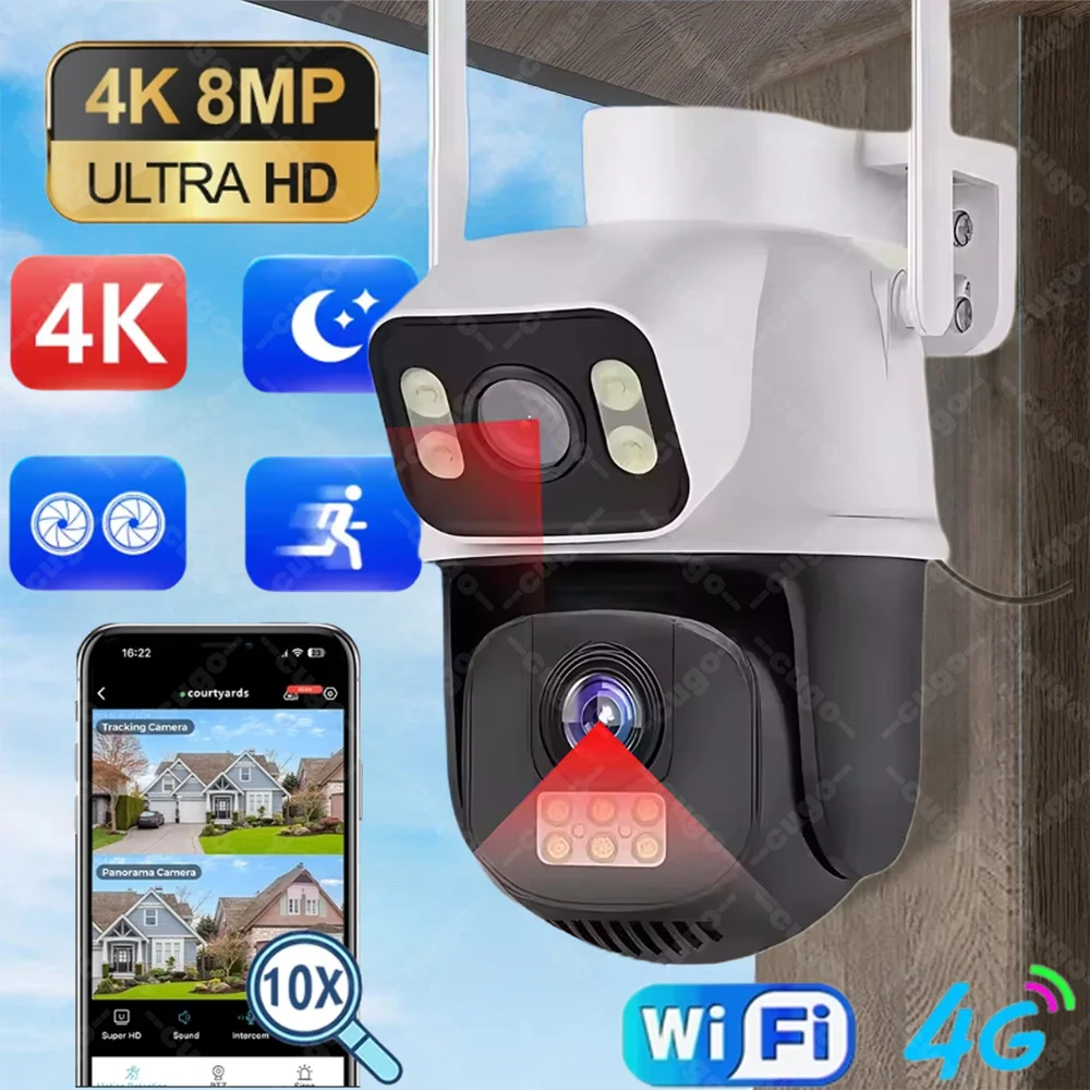 Caméra extérieure étanche 8MP 4G SIM WIFI, double objectif, caméra de sécurité domestique, vidéosurveillance, Zoom 10X, vision nocturne couleur