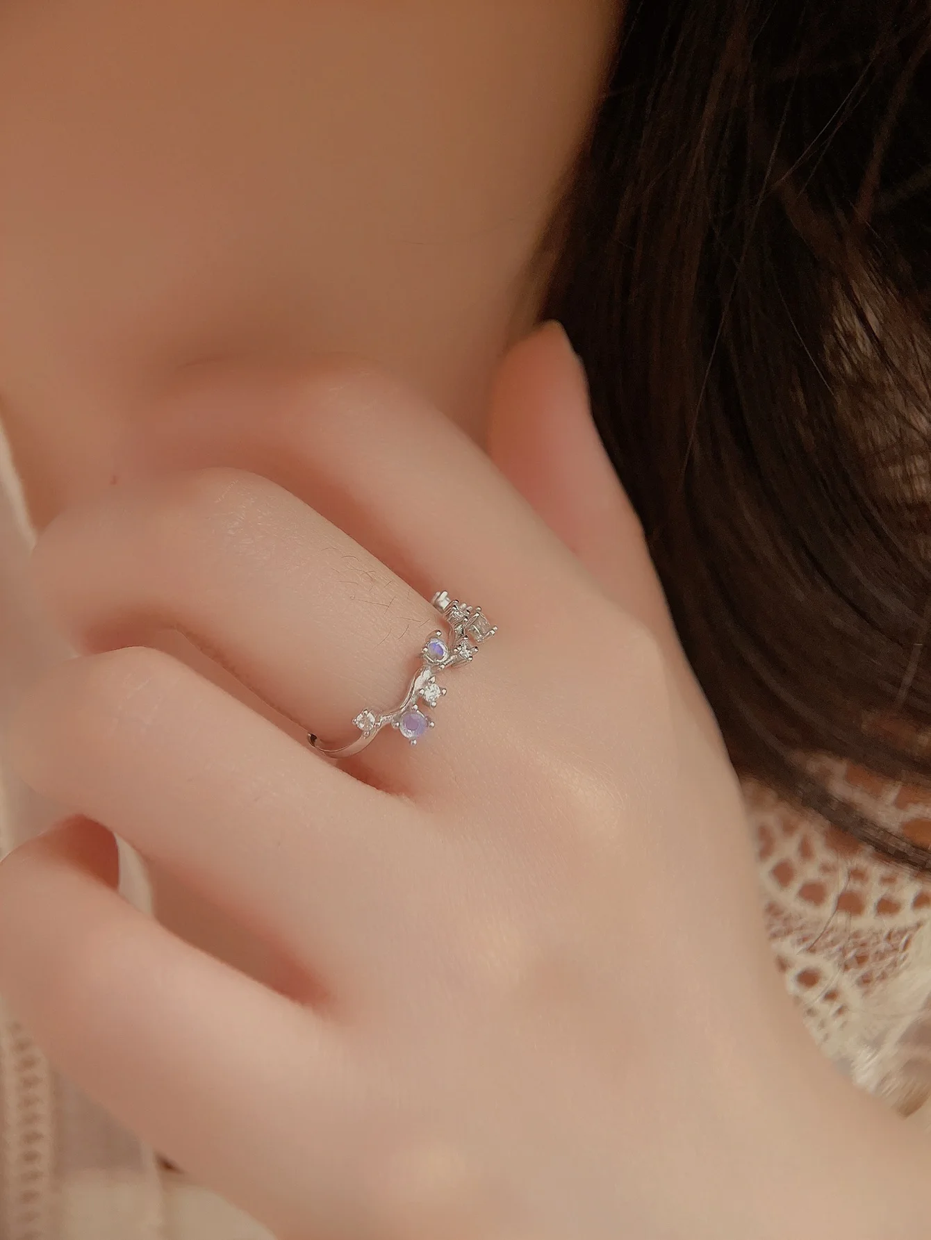 New 100% 925 Silver Women's Ring with Irregular Cut Moon Stone and Zircon,Trendy Personality Style for Daily or Party Wear