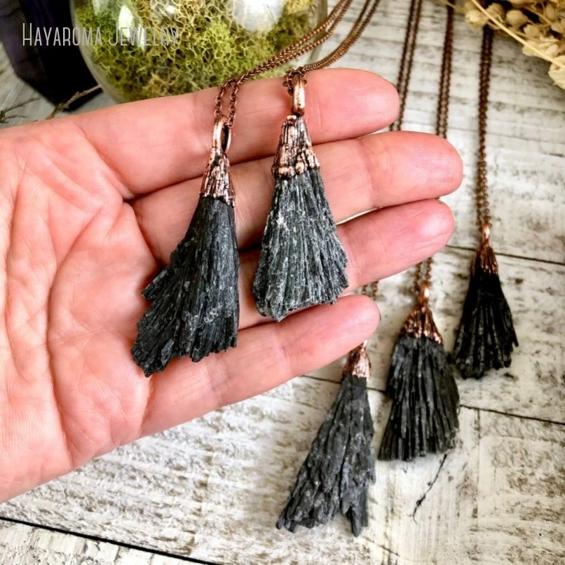 10Pcs Raw Crystal Necklace Black Kyanite Necklace Witchy Natural Rough Black Stone Jewelry Gothic Jewelry