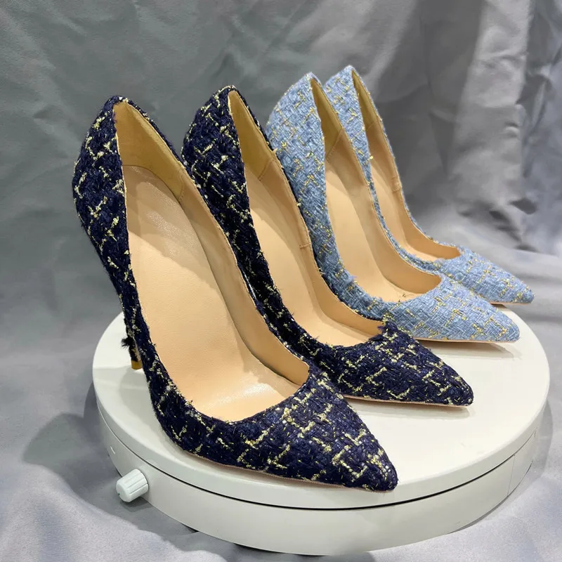 Tikicup Navy Blue Plaid Pattern Women Pointy Toe High Heel Shoes Elegant Ladies Chic Stiletto Pumps Customize 8cm 10cm 12cm