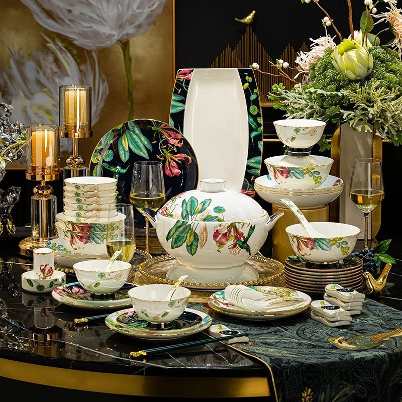 Bone china tableware set, dishes, household light luxury high-end European-style Jingdezhen high-end tableware