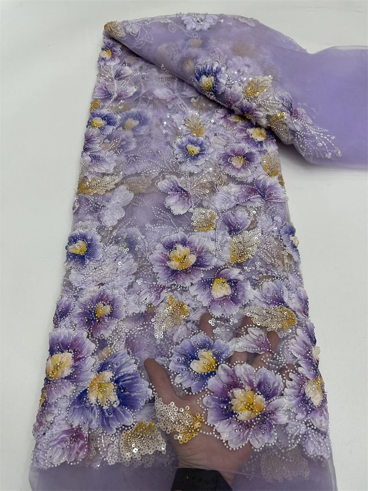 

African Lace Fabric 2025 High Quality Nigerian Lace Beaded Sequins French Net Fabric 5 Yards for Sewing Party Wedding VRF6355