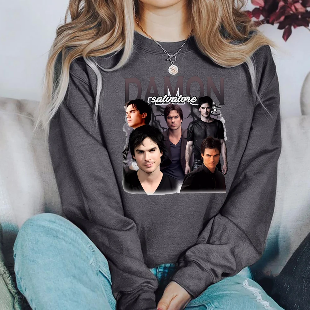 Damon Salvatore Sweatshirt 90s Retro Vampire Diares Hoodie Vintage Bootleg Style T-Shirt Salvatore Brothers Crewneck Sweatshirts