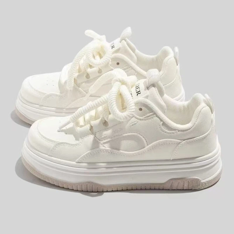 

White Thick-soled Vulcanized Shoes Seasonal New Comfortable Flat-soled Fashion Sneakers Round-toe Lace-up Casual