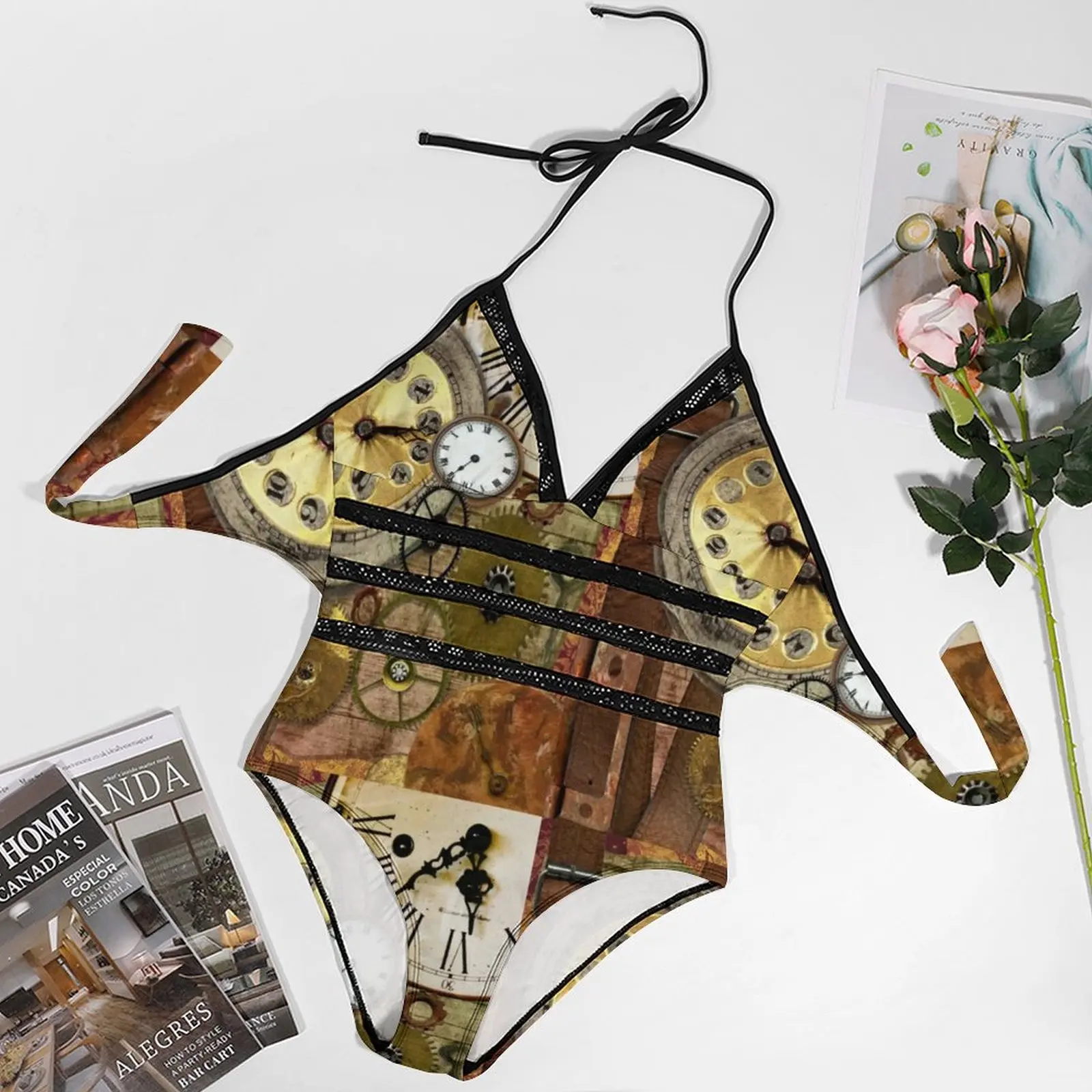 التروس Steampunk ملابس السباحة البخار الشرير الرقبة التمساح ساعة رفع ملابس السباحة قطعة واحدة حبال لباس سباحة مثير المايوه حجم كبير #5