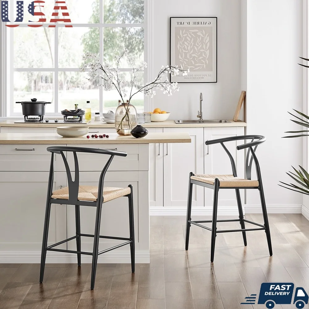 

Springwood Wishbone Metal Counter Bar Stool Indoor Set of 2 Durable Rope Seat Armrests Y-Shaped Backrest Kitchen Bar Furniture