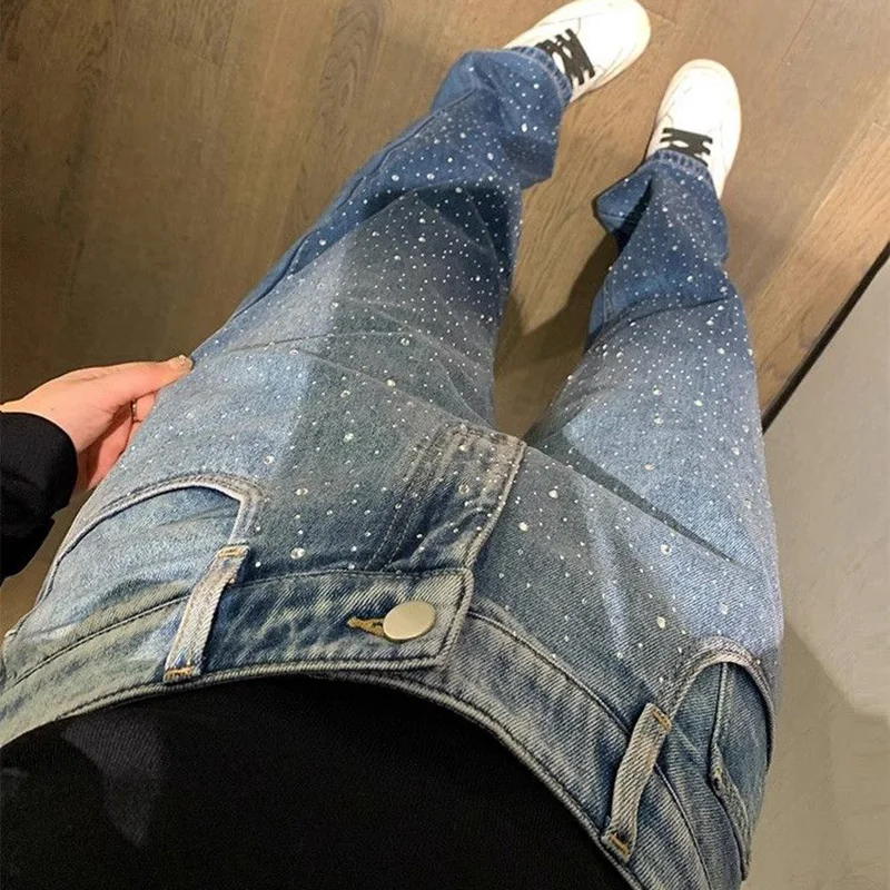 Jeans larghi con diamanti ricamati alla moda donna stile coreano a vita alta pantaloni Streetwear a gamba larga pantaloni Casual in Denim da donna