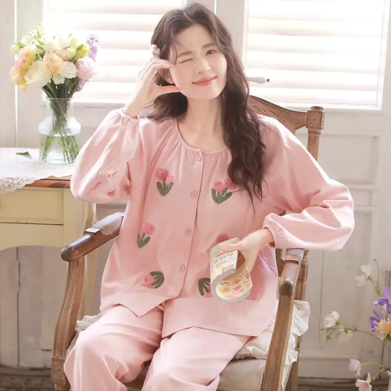 Women's Floral Long Sleeved Long Pants Pajama Set Women's Spring and Autumn Lace Round Neck Home Wear Student Soft Two-Piece Set