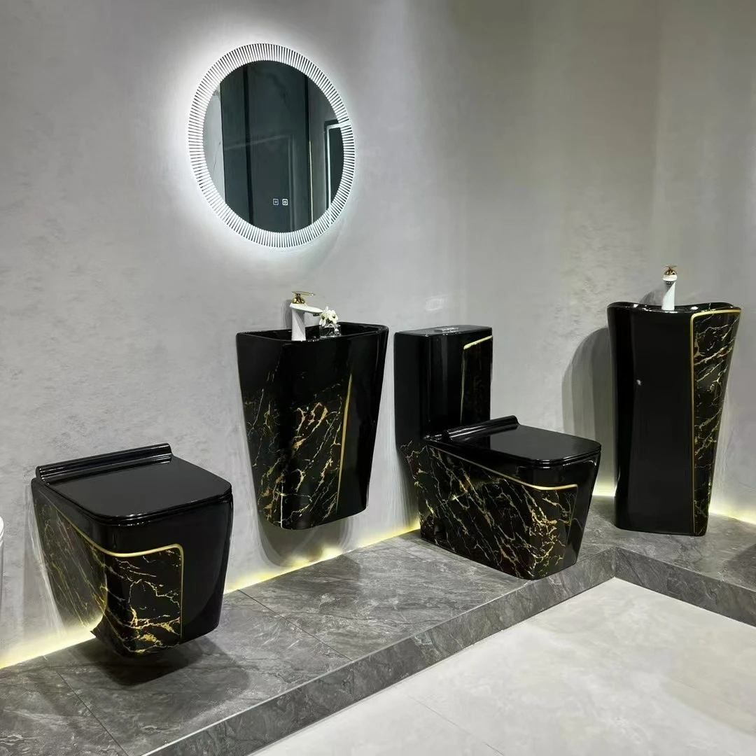 Color Bright Black Electroplated Toilet, Local Tyrant Gold Seat Toilet, Gold Wall Row Floor Toilet, Straight Flush Toilet
