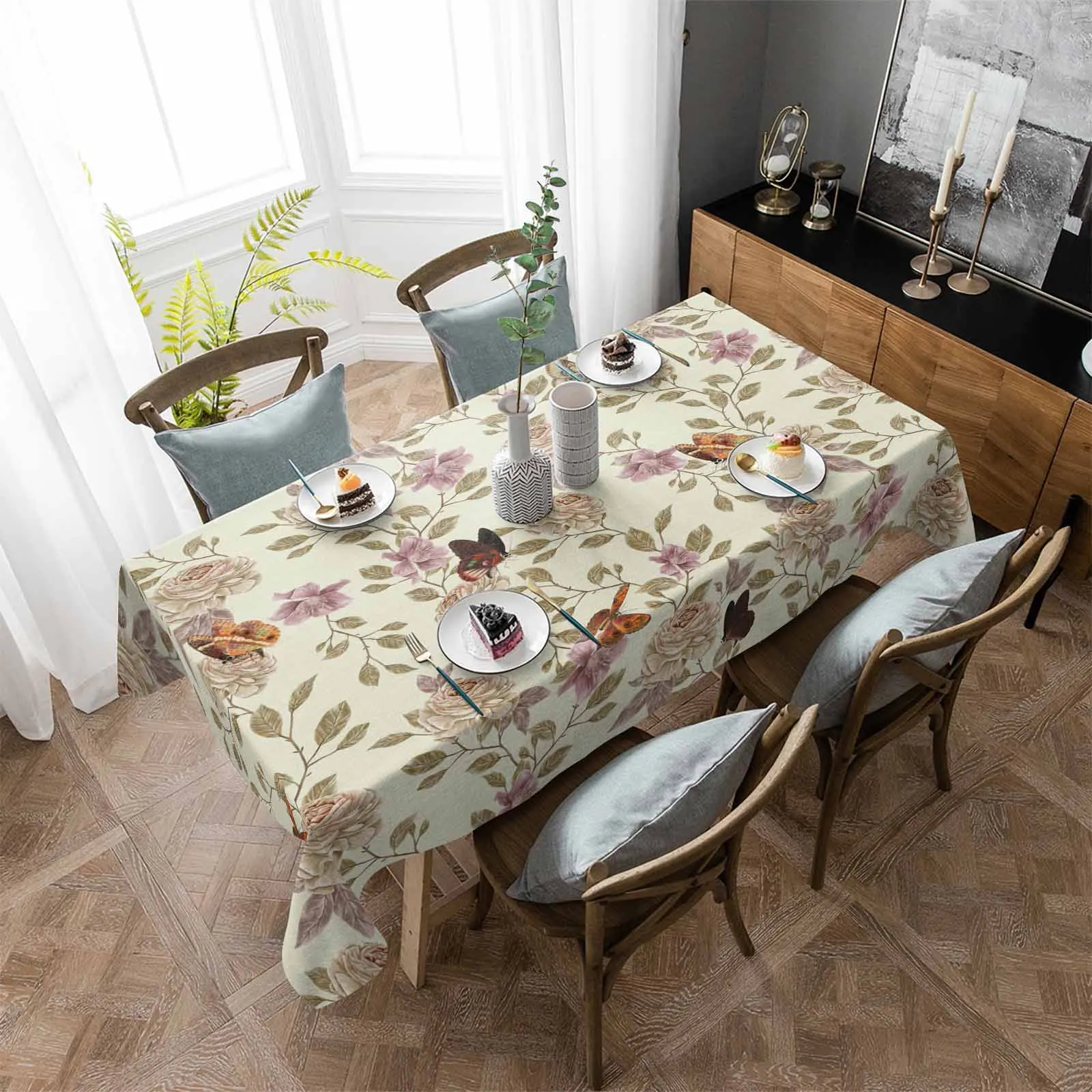 

Flowers Leaves Butterfly Retro Waterproof Tablecloth Party Decorations Supplies Rectangle Table Cloth for Kitchen Table Decor