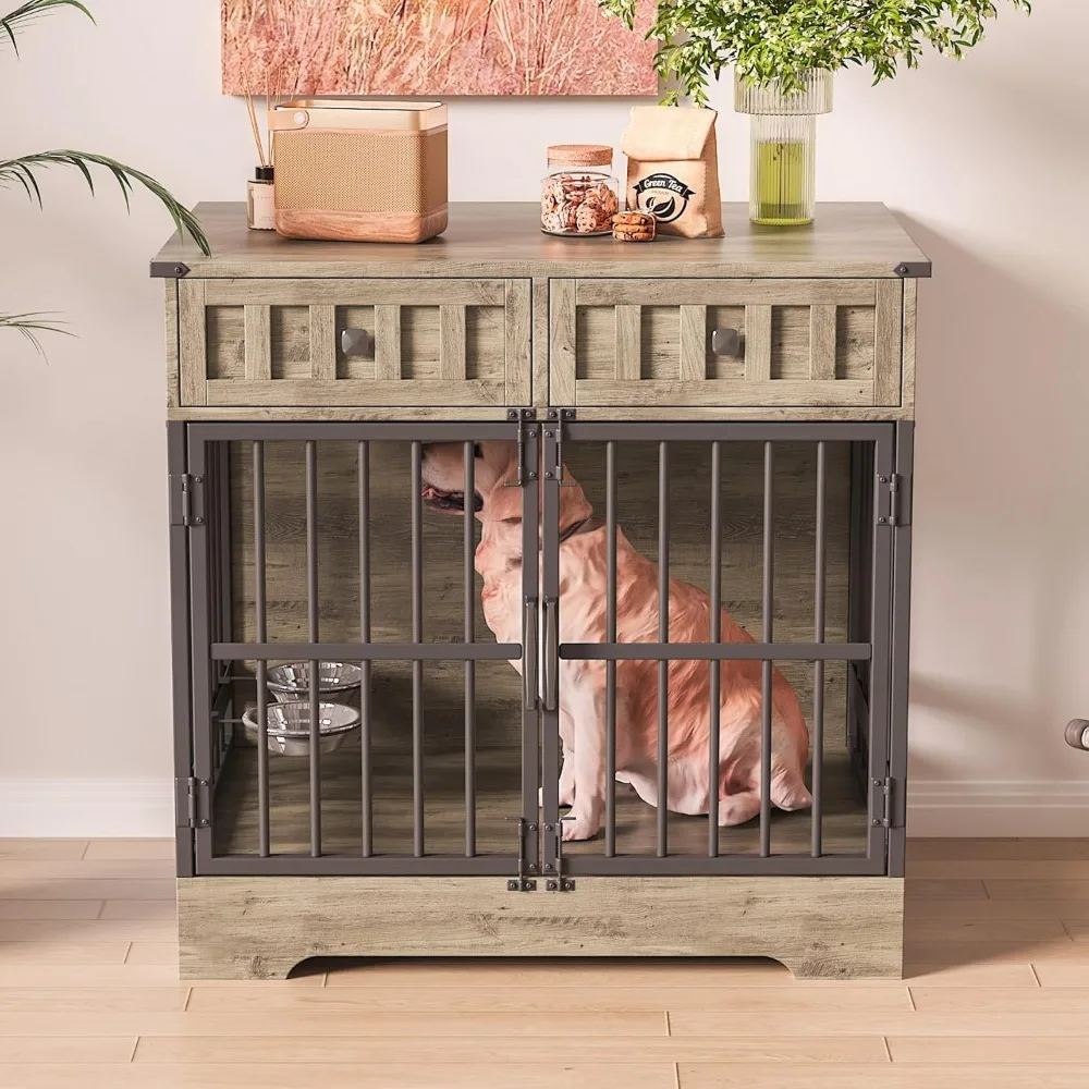 

Dog Crate Furniture with 2 Drawers, 35.1" Indoor Wooden Animal Kennel with Detachable & Adjustable Feeder 2 Bowls, Large Medium