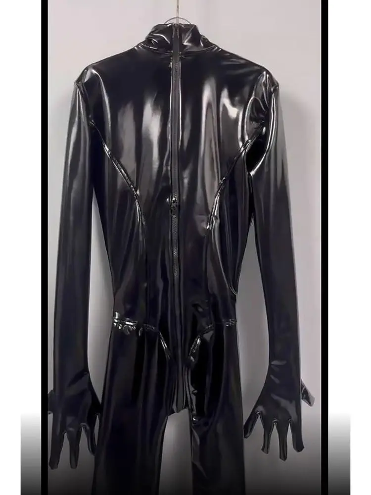 Wet Look PVC Catsuit Shiny PU Leather Bodystocking Zipper Open Crotch Bodysuit Tights Cosplay One Piece Sexy Jumpsuit Leotard