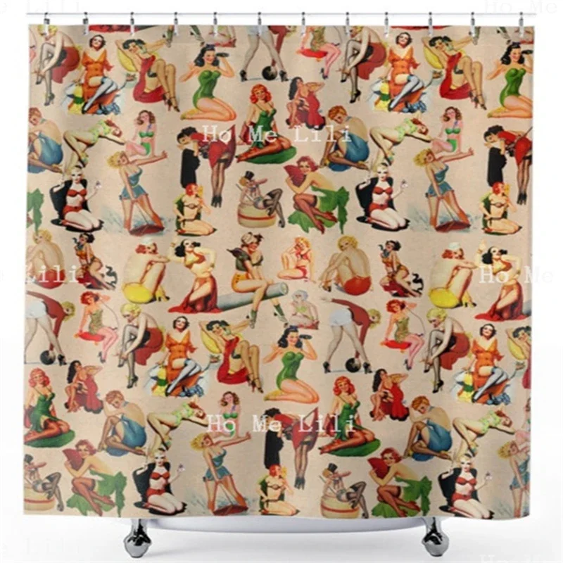 Retro 30s And 40s Pin Up Beauties On A Shower Curtain Classic Cheesecake Art Watercolor Waterproof With Hooks For Bathroom