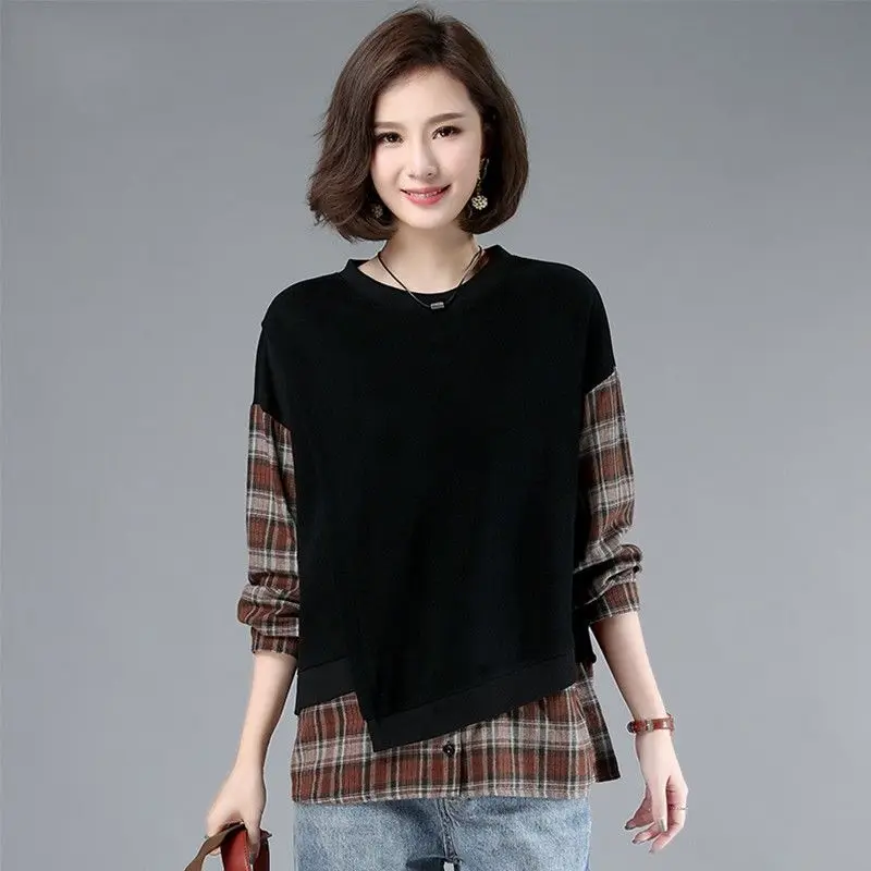 Fashion Spliced Fake Two Piece Plaid Shirt Women\'s Clothing Autumn New Oversized Casual Pullovers All-match Korean Blouse