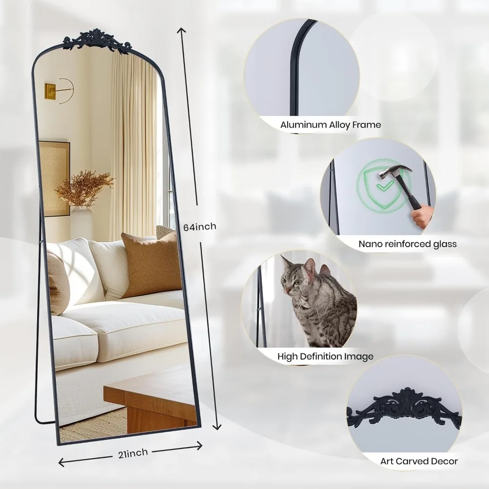 Espejo de piso de longitud completa tallado adornado vintage, 64x21, independiente, montable en la pared, espejo de cuerpo completo con diseño antiguo