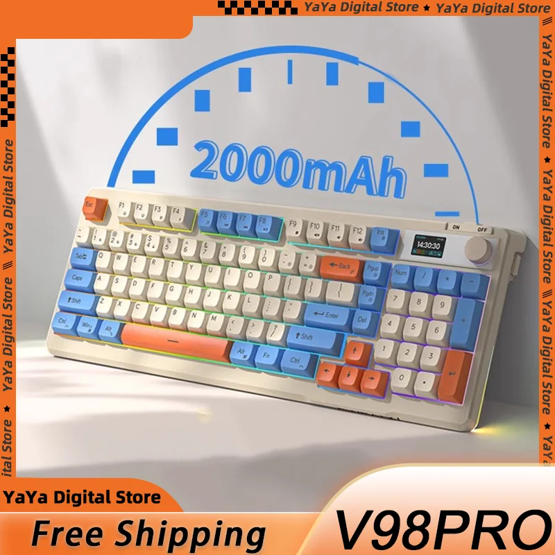 teclado mecanico sem fio v98 pro bluetooth retroiluminacao rgb com tela teclado para jogos tres modos 2000mah 01