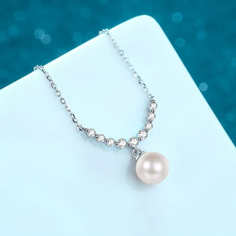 OANA 925 Sterling Silver Collarbone Necklace Ladies With 8mm Flawless Freshwater Pearl Smiling Moissanite Jewelry Free Shipping